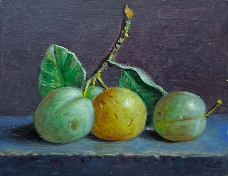 Stillleben mit gelben Pflaumen