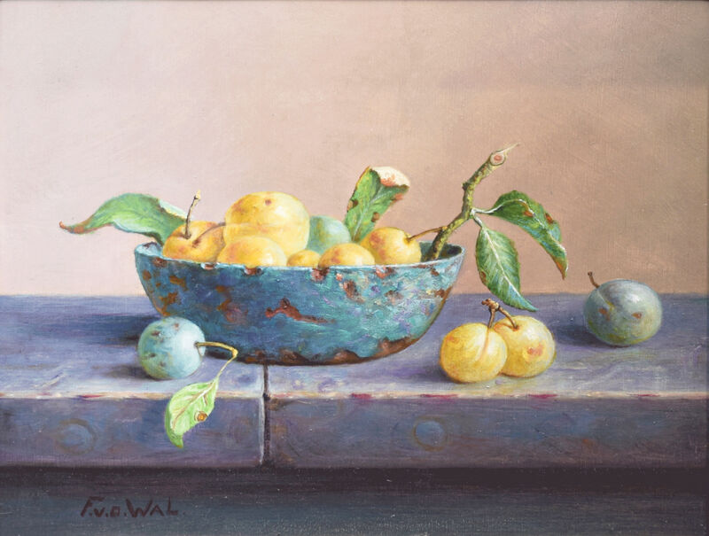 still life with yellow prunes and bowl