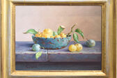 still life with yellow prunes and bowl