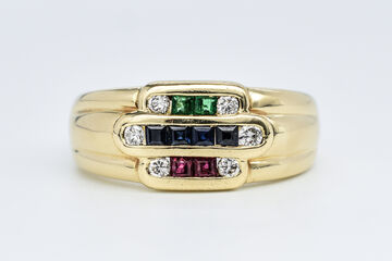 Ring 14 K Rubies, Sapphires, Emeralds 
