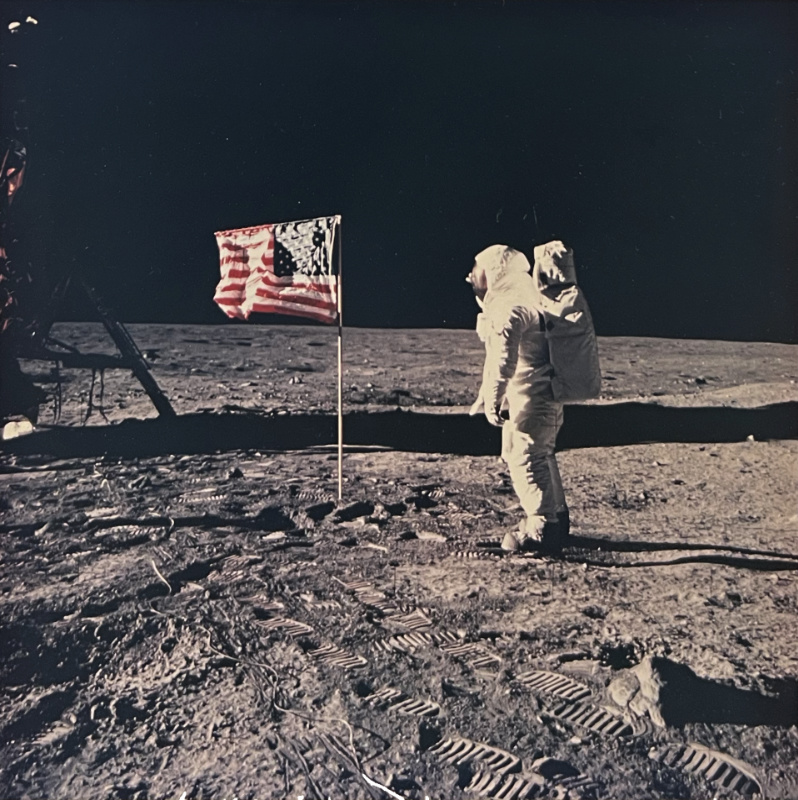 Buzz Aldrin beside the US flag, 1969
